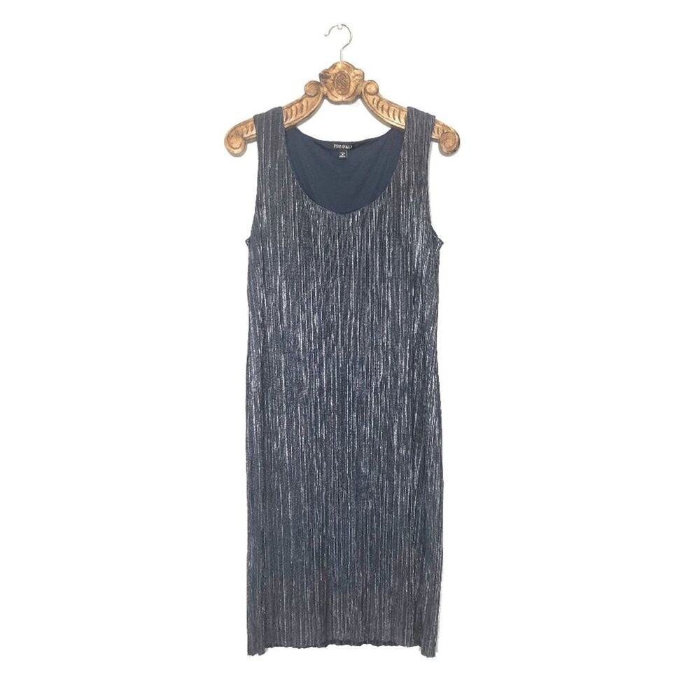 Roz & Ali Metallic Accordion Pleated Navy Shift Dress Sleeveless 16